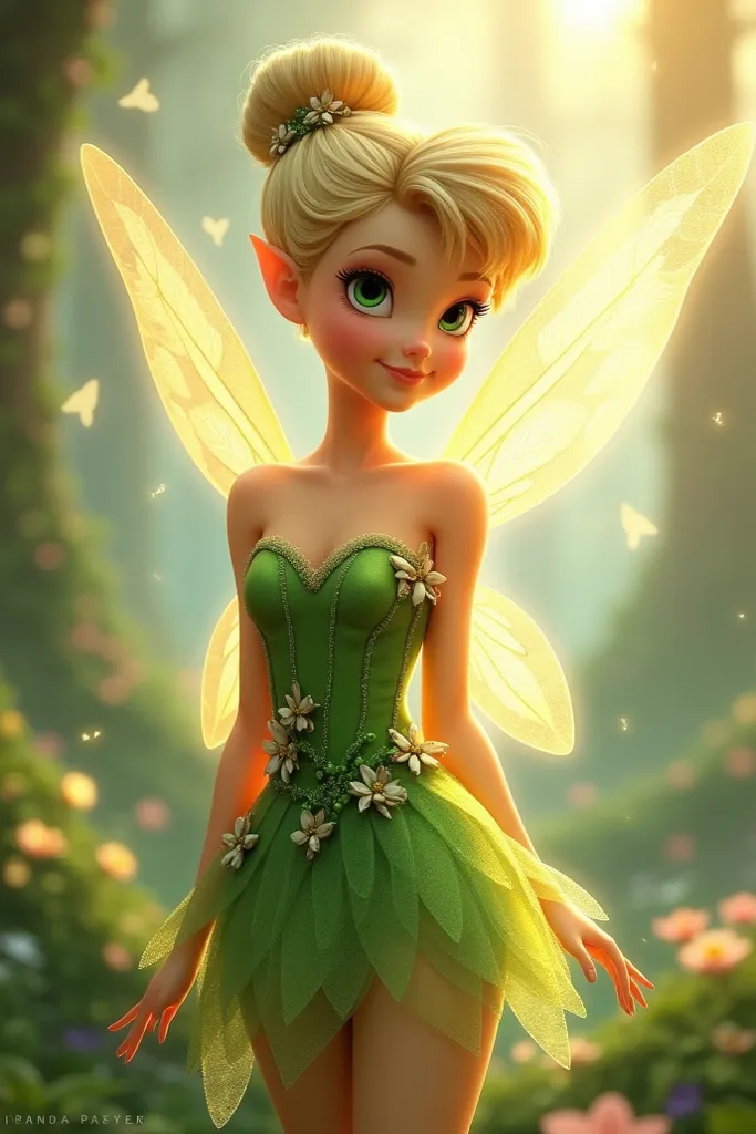 Tinker Bell, a breathtakingly beautiful fairy with large expressive eyes and delicate light hair tied in a charming bun, stands gracefully adorned in a shimmering green dress embellished with intricate flowers and bows. Her ethereal, transparent wings flut...