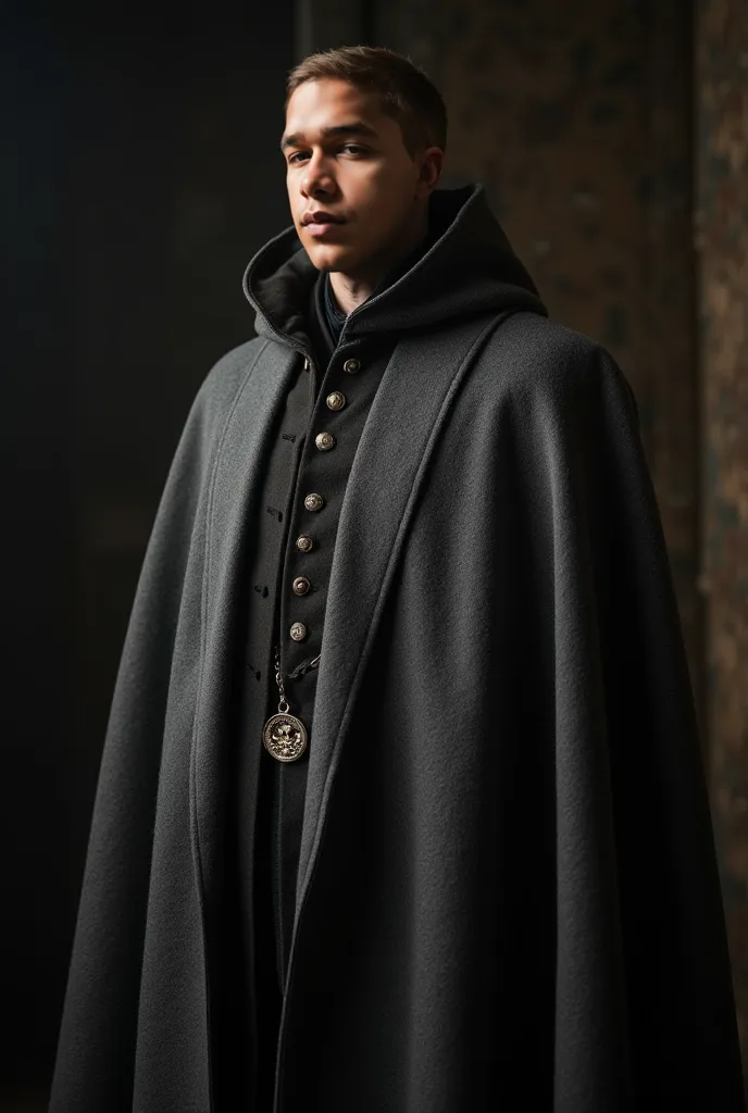 Based on this, Create a realistic image of a man wearing real costumes Henry V's style in the movie The King (2019). It wears an elegant thick wool cloak in shades of gray, with a velvet lining that gives sophistication and weight to the fabric. Under the ...