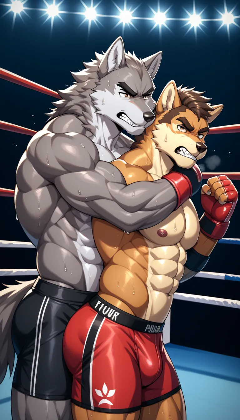 Duo anthro male(anthro Gray Wolf vs anthro Brown Wolf), handsomes(handsome hairstyles, Thick eyebrows, detailed face), [anthro Gray Wolf: big muscle body, angry], [anthro Brown Wolf: Big muscle body, muscle abs, growling, angry], Position(Cuddling embraced...