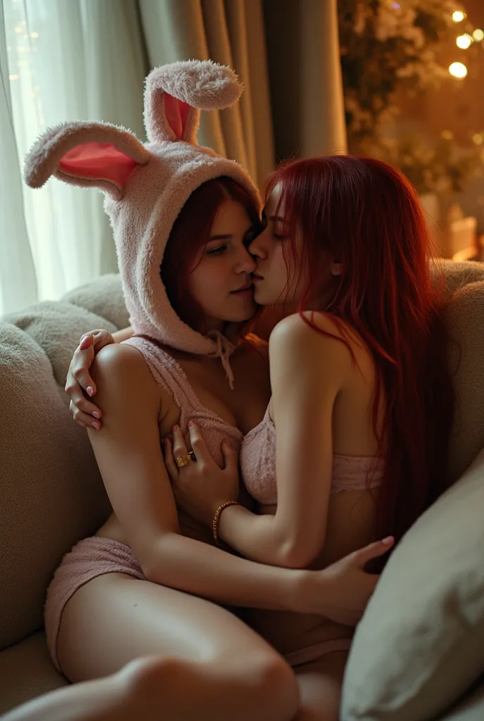 Naked unclothed in a bunny costume having sex on the couch with a woman