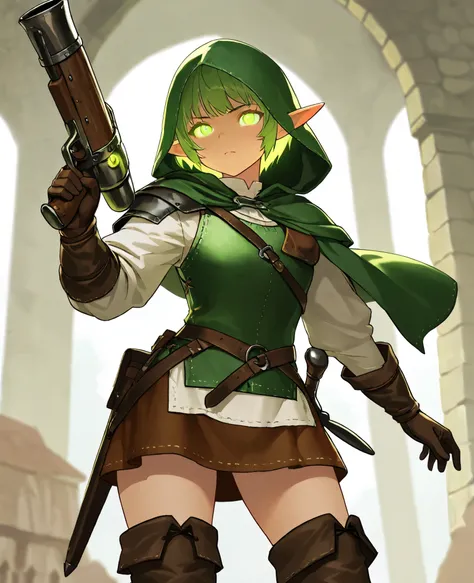 high quality,masterpiece,detailed description,Alone,girl,, elf girl ,Low body, green hair,Green glowing eyes,long sideburns,short cut hair, green hood,white shirt,brown miniskirt, medieval attire,fantasy,Adventurer,Right hand with a bow gun on the arm,long...
