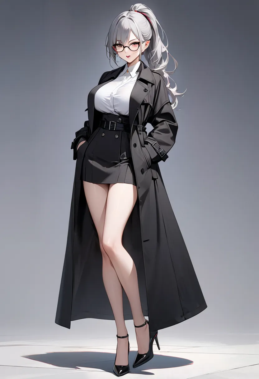 ((​masterpiece))、((top quality))、1female vampire, large breasts、 intelligent beauty、Gray Hair、ponytail、Glasses、Fair skin、black long trench coat、full body