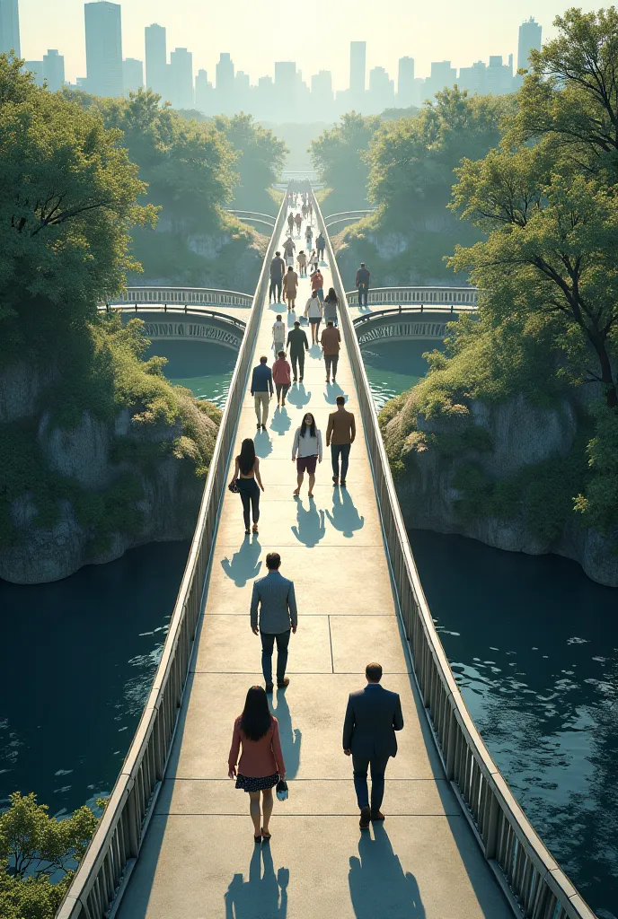 Indications
Create an image of people walking along a footbridge. Views from a zenithal plane 