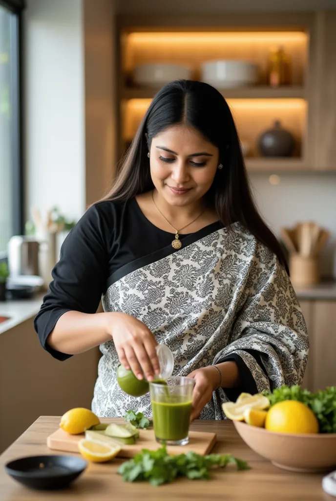 " an malayal  woman,  wearing a white and black saree and a black blouse  in a modern, well-lit kitchen , mixing a green juice in a cup.  The environment is sophisticated ,  with neutral tones and light wood details ."