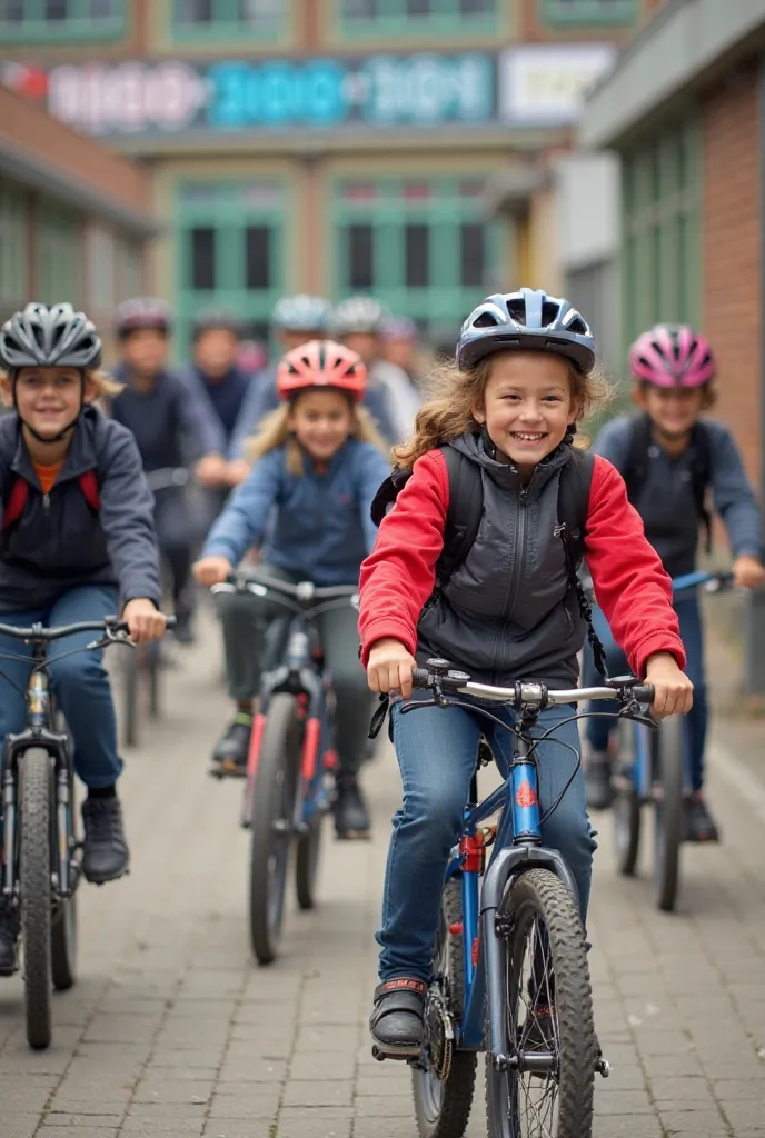 A group of ren and adults arriving at a school after a bike ride. They see themselves smiling, leaving their bikes in a parking area and getting ready for more activities. The school has banners that read "sports day".