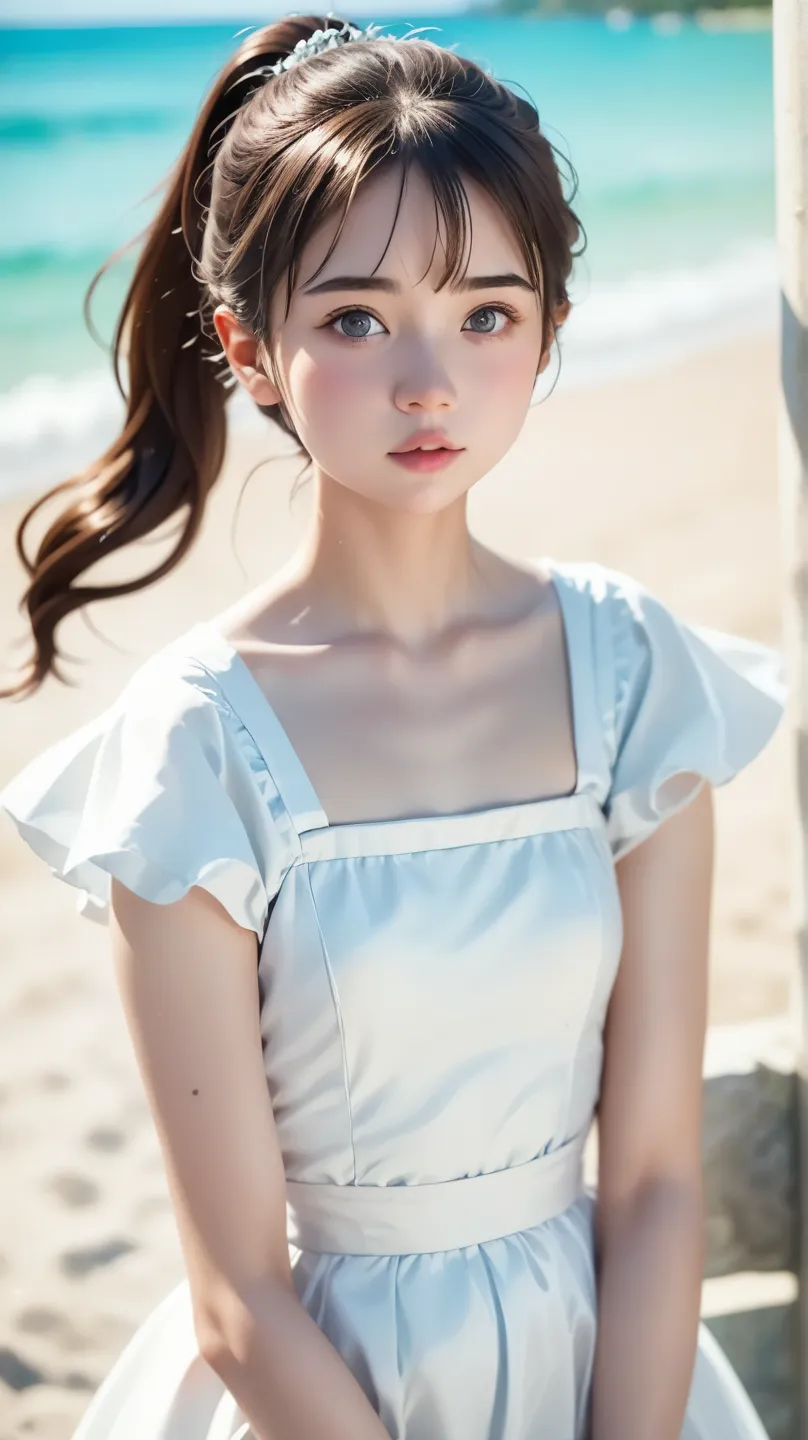 (((film grain、RAW photo)))、one girl、cute face、plump lips、beautiful brown hair、Clear gray eyes、ponytail、短い髪のponytail、white long dress、poncho-like dress、small breasts、small breast bulge、(((White world、pure white background、A world of silence)))、highest quali...