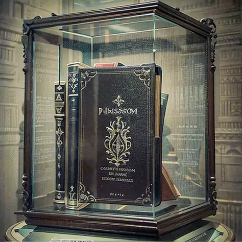 black forbidden book inside a protected glass in museum