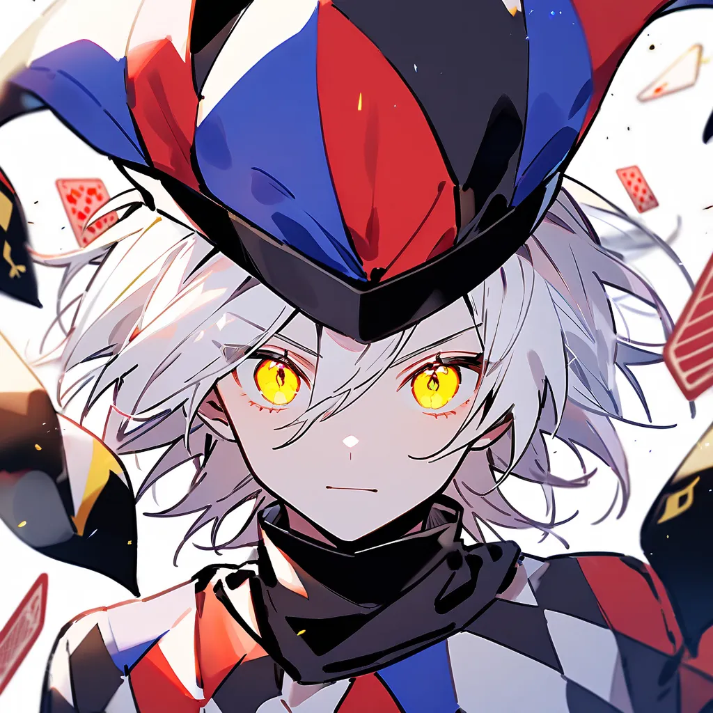 solo, male jester, long white hair, glowing yellow eyes, Includes falling playing card background, red and black clothes, wear a red and black hat, front view close up, white background