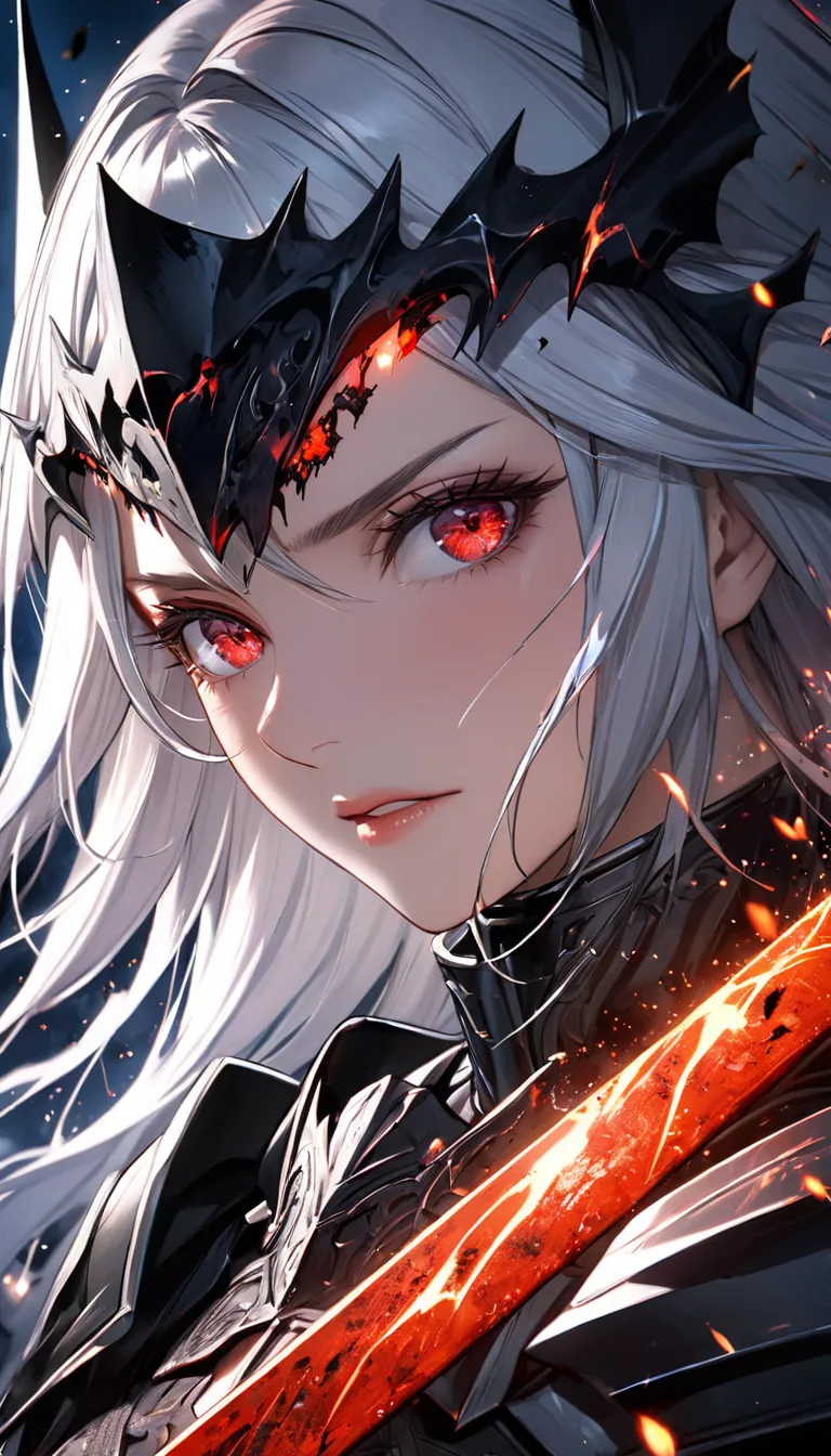 (Extreme close-up, Face-focused portrait)""A cold and beautiful dark knight, clad in sleek black armor with silver engravings. Her long silver hair flows behind her, and her crimson eyes glow with unwavering determination. She carries a cursed greatsword s...