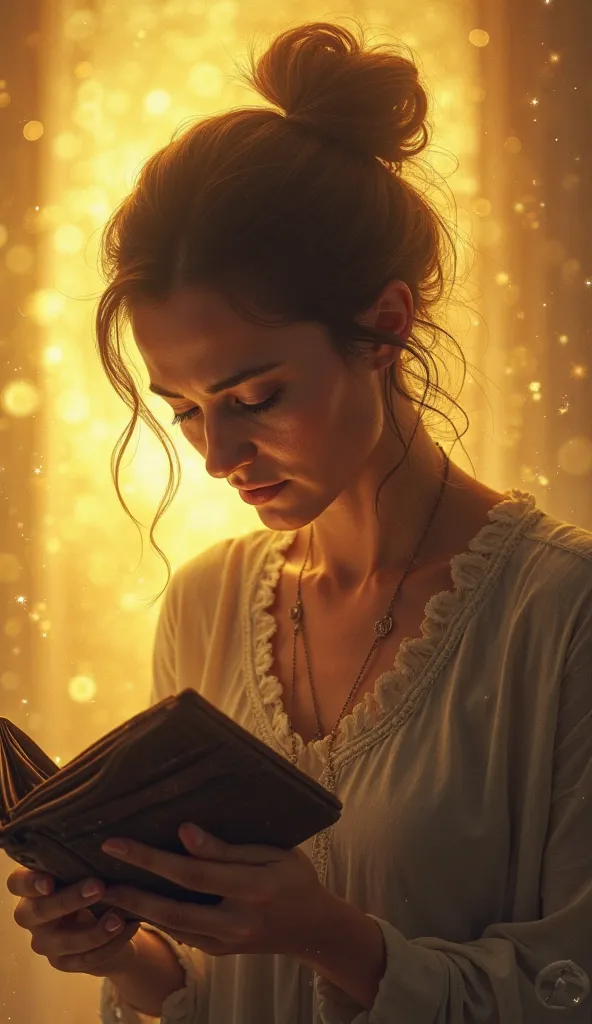 A person looking at an open, empty wallet,  with a concerned expression ,  while behind her ,  a golden light shines , symbolizing a possible change or blessing coming