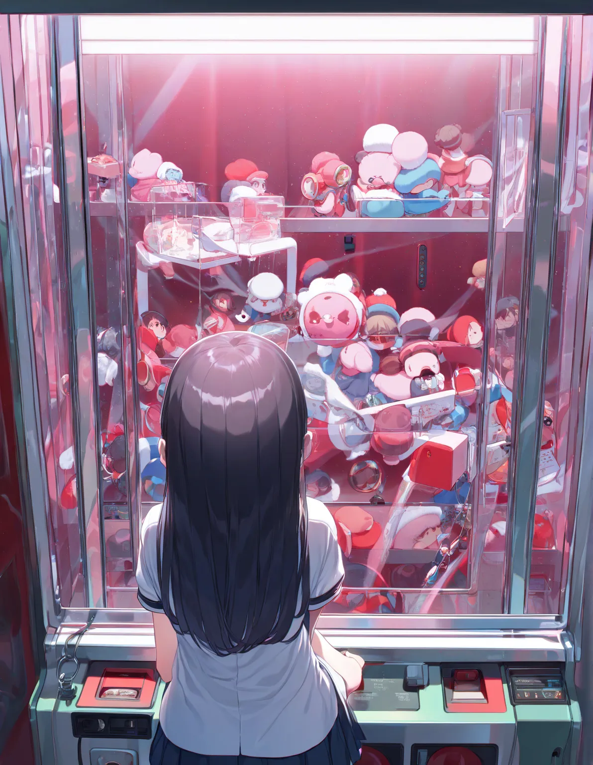 (((masterpiece))), (((best quality))), ((claw machine)), hands on bottom panel, control long joystick and press button, using clamp to pull the toy up, 1girl, komishouko, shy, blush, school uniform, claw machine,  rear view,