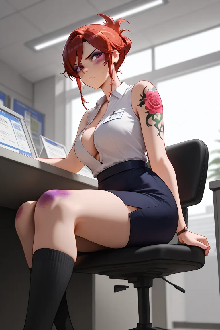 Zia Girl, Half Open Crop, Skirt, Socks, Frown, Clerk, Office Room, Bruised Knees, Tattoo, 