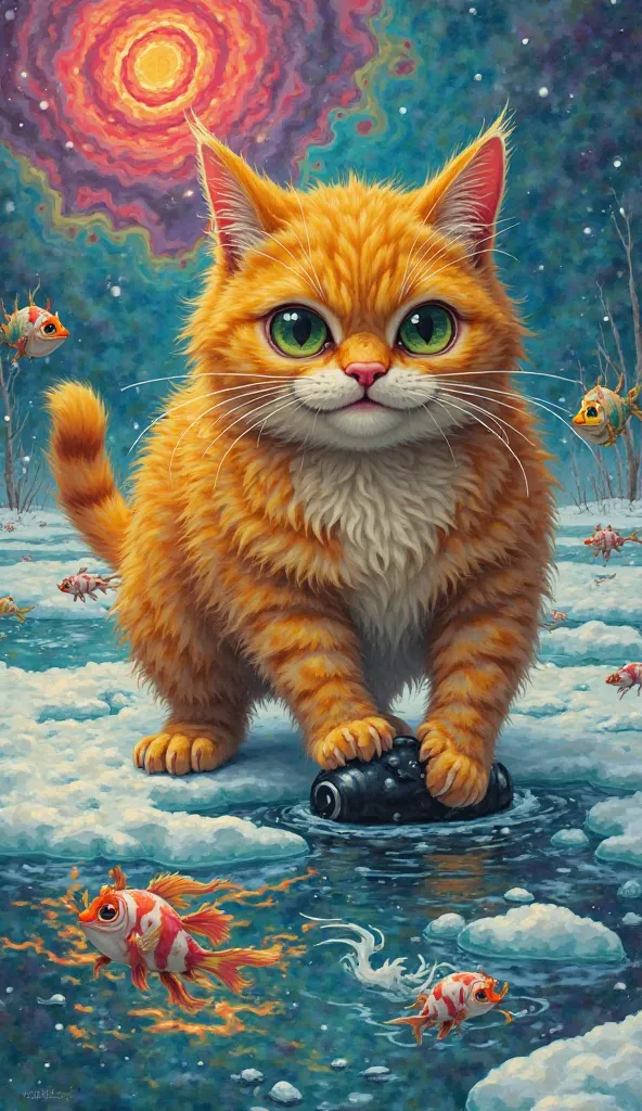 "A plump cat with orange-yellow fur, with big expressive eyes and human gestures, is found on a frozen river. Its posture is almost theatrical, with a sly smile and calculated movements while carefully placing a bomb in a hole in the ice. The scene has a s...