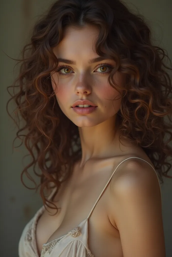 CREATE A SEMI-NAKED YOUNG CURLY HAIRED BRUNETTE