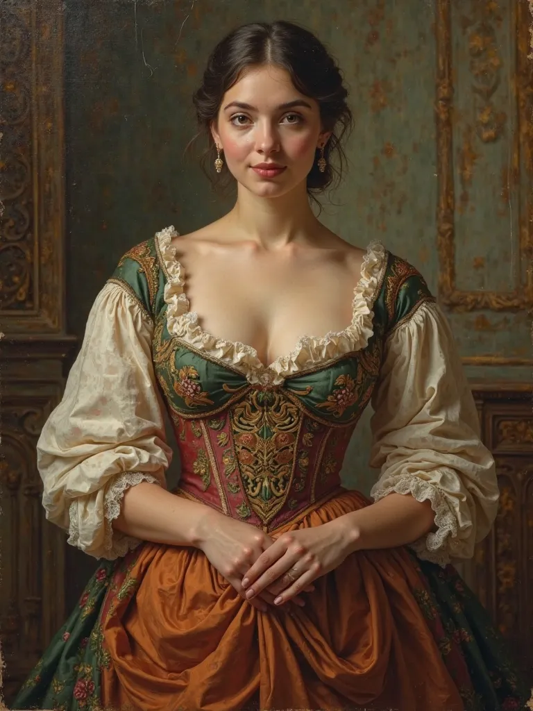 Victorian era peasant woman wearing a draped dress with a neckline that highlights her large breasts, slight smile, classic oil painting style, classical period background