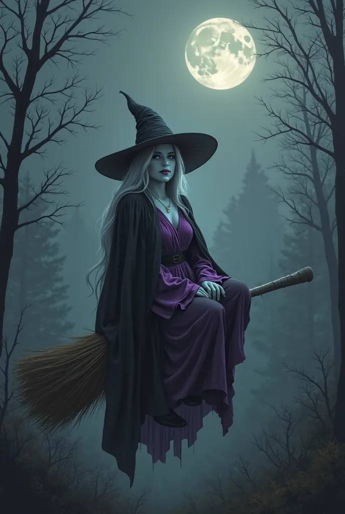 A witch with a plus-size body, White skin and long hair in black and purple robes is sitting on a broom, behind her there is a dense and foggy forest and high in the sky there is a full moon without clouds.