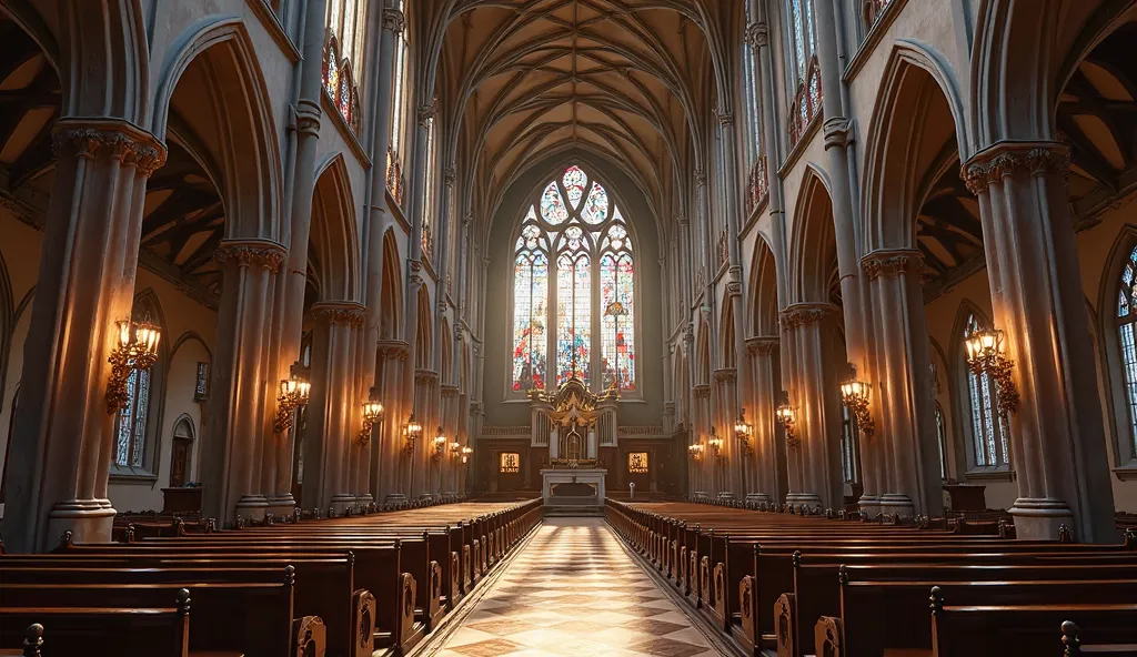 wallpaper、Inside a huge cathedral、Overall dim lighting、Stunning Decor、high ceiling、Stunning Stained Glass、Altar and Organ、Majestic charm、masterpiece、top quality、Exquisite、detailed details、photoreal、realistic、16k、Soft light shining through、Precise texture 、...