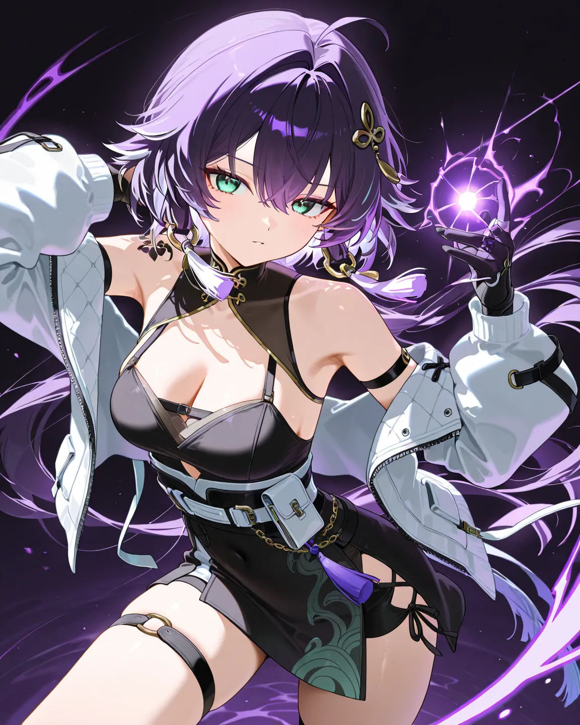 masterpiece, best quality, changli \(wuthering waves\),  black right hand , medium breast, black dress, short skirt, white jacket, purple hair, green eye, wear black, adult famel