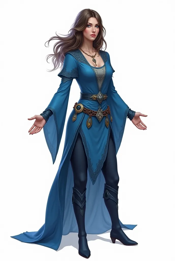 I would like it to generate an image of a woman like Elspeth Tirel- Planeswalker from Magic: The Gathering. In the case of half-blue clothes, without weapons, And some extra props you want to add. I need this full body image and model with arms and legs op...