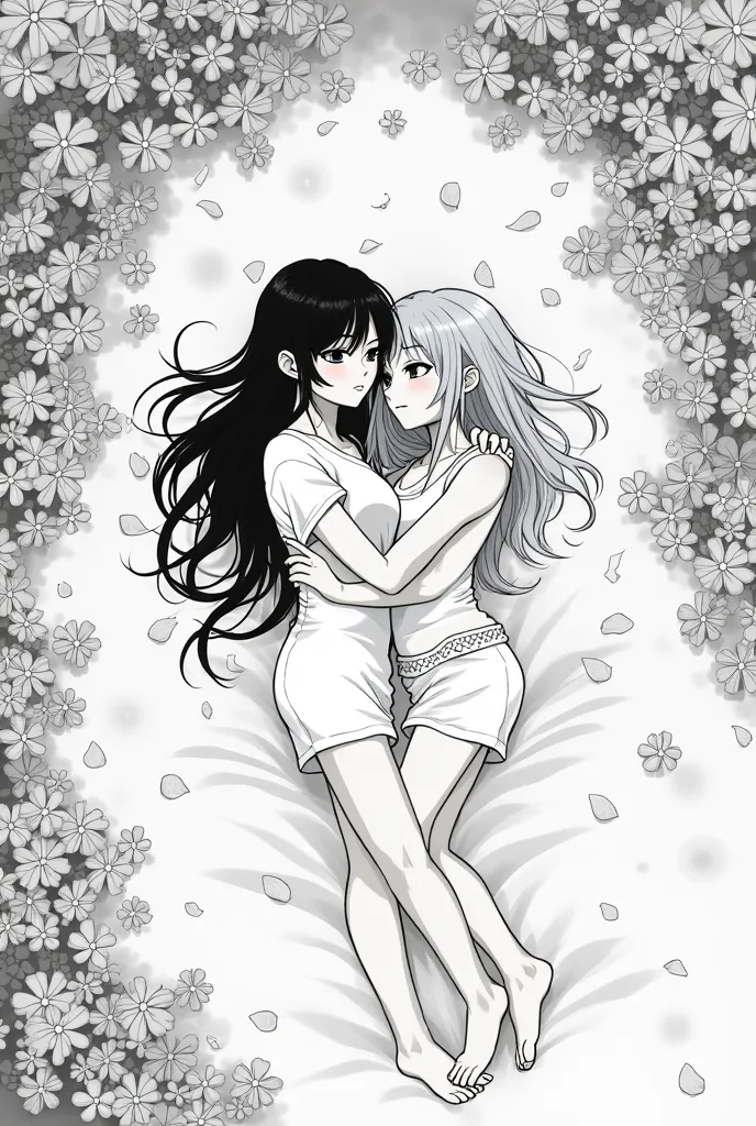 Scan page de manga noir et blanc d’un couple allongé vu du dessus de loin avec des fleurs et pétales 