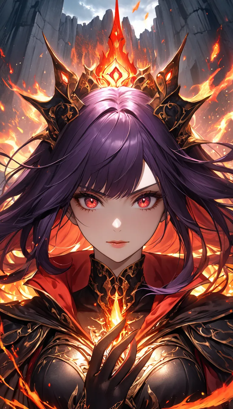 (Extreme close-up, Face-focused portrait)""A fearsome dark empress, clad in black and crimson battle robes with golden demon-like engravings. Her long, dark purple hair flows wildly, and her glowing crimson eyes radiate burning hatred. She slightly raises ...