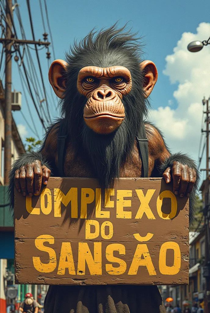 A favela fund written by Complexo Do Sansão 
On a sign above it is written complex of Samson and a brown ager with big and strong hair and with a bit of the face of monkeys  