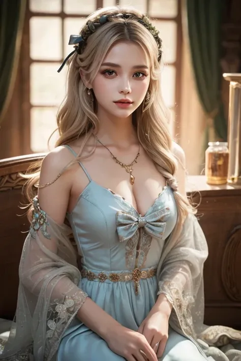  One Girl ,  long hair, Light Hair Color,  enchanting eyes,  Mysterious Expressions , Mature Appearance, Attractive dress,  Relaxed Dress, Graceful Jewels , Intricate decoration, Magic symbols, Glowing Accessories,  potion , Scroll, Cute accent, bow, ribbo...