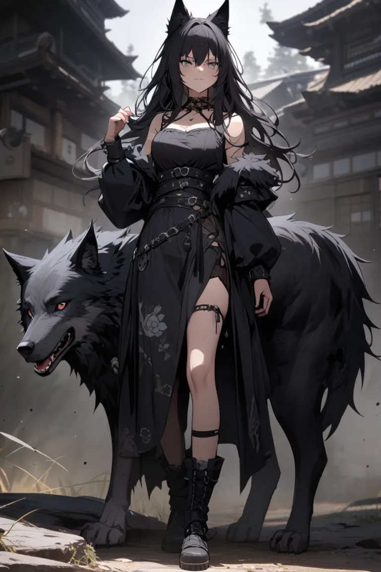 Big wolf, black wolf, beautiful black wolf, animal, full body ,Solo