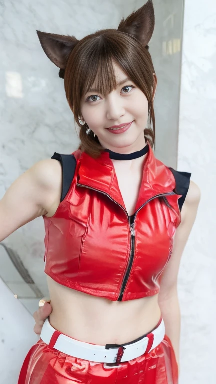 brown_eye,   soft big breasts，Chest, choker, Meiko cosplay, belly button,red dress，ジッパーを開いてChestを出す， red skirt, sleeveless, ，Japanese woman，smile，red lipstick，slender body，real face，perfect face，Take a full-body photo，masterpiece，best image quality，top qua...