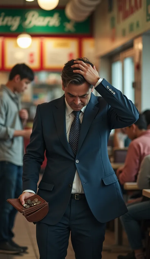 A man in a subway suit holding his head with one hand, while the other holds her open wallet, completely empty.  on its side, a young man in simple clothes counts some coins, looking at one diner in the background. The environment conveys financial concern...