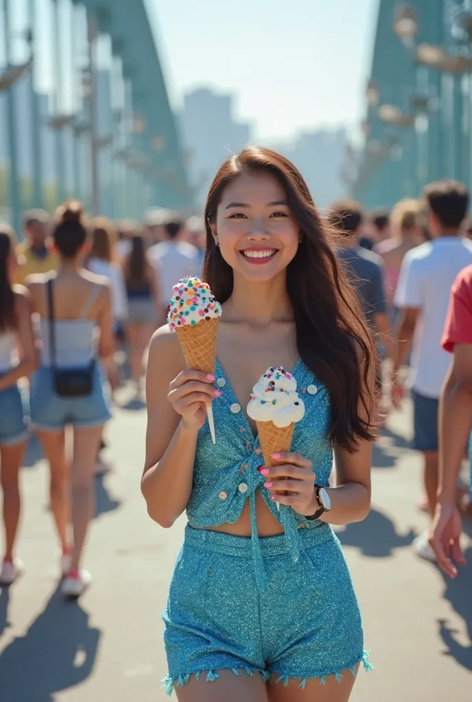 Make a photo of a asia woman wearing blue glitter clothing and short trousers, his carrying  ice cream cone by sprinkles coco chip, teeth smile a wide mouth, location on the bridge, morning day, lots of peoples walk around