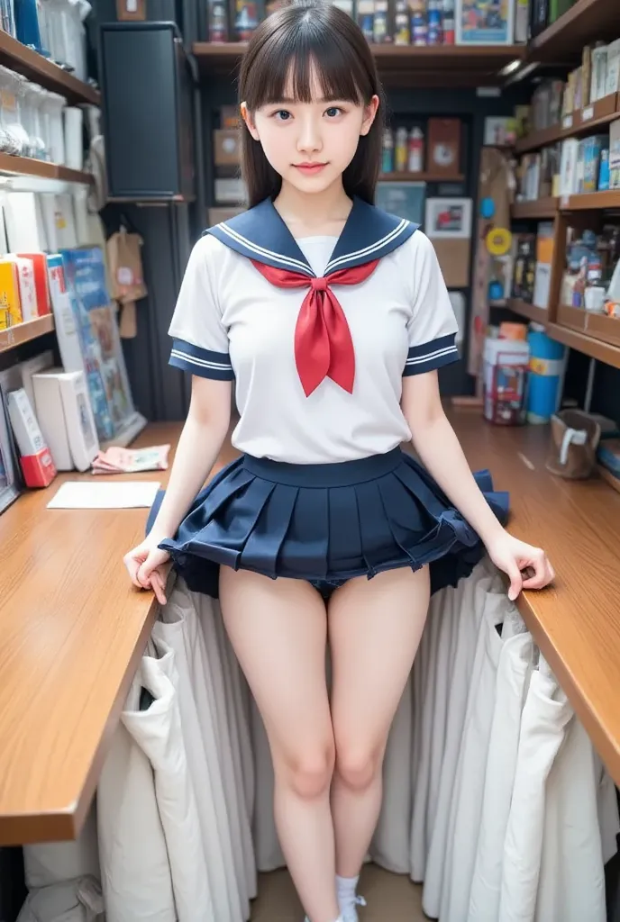   sailor suit  　    sailor suit 　Short sleeve　    Red Ribbon　 white 　   navy blue collar   　     female high school student　  big breasted with a cross eye 　schools　     miniskirt　スカート  Big Breasts 　 ceiling　feet　     sneakers　           pants　  white unde...