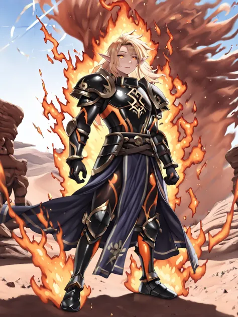 ((Full body)), 1male, Solar Elf, golden hair, glowing amber eyes, radiant skin, dynamic pose as he swings a blazing sword, surrounded by a fiery aura, wearing armor adorned with sun motifs, standing in a desert under a blazing sun, heat waves distorting th...