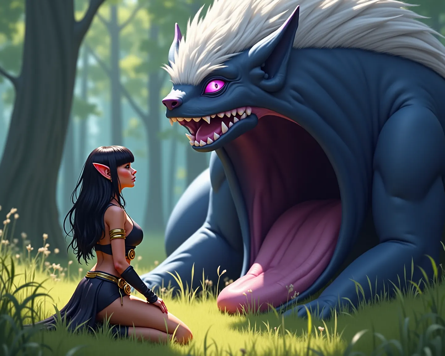 A cinematic high definition shot of 1 Elven woman, kneeling in short grass on the left of the frame. The woman has brown skin, straight black hair with blunt bangs, and purple eyes. The woman is wearing a sexy mage outfit with gold jewelry, and has a smug ...