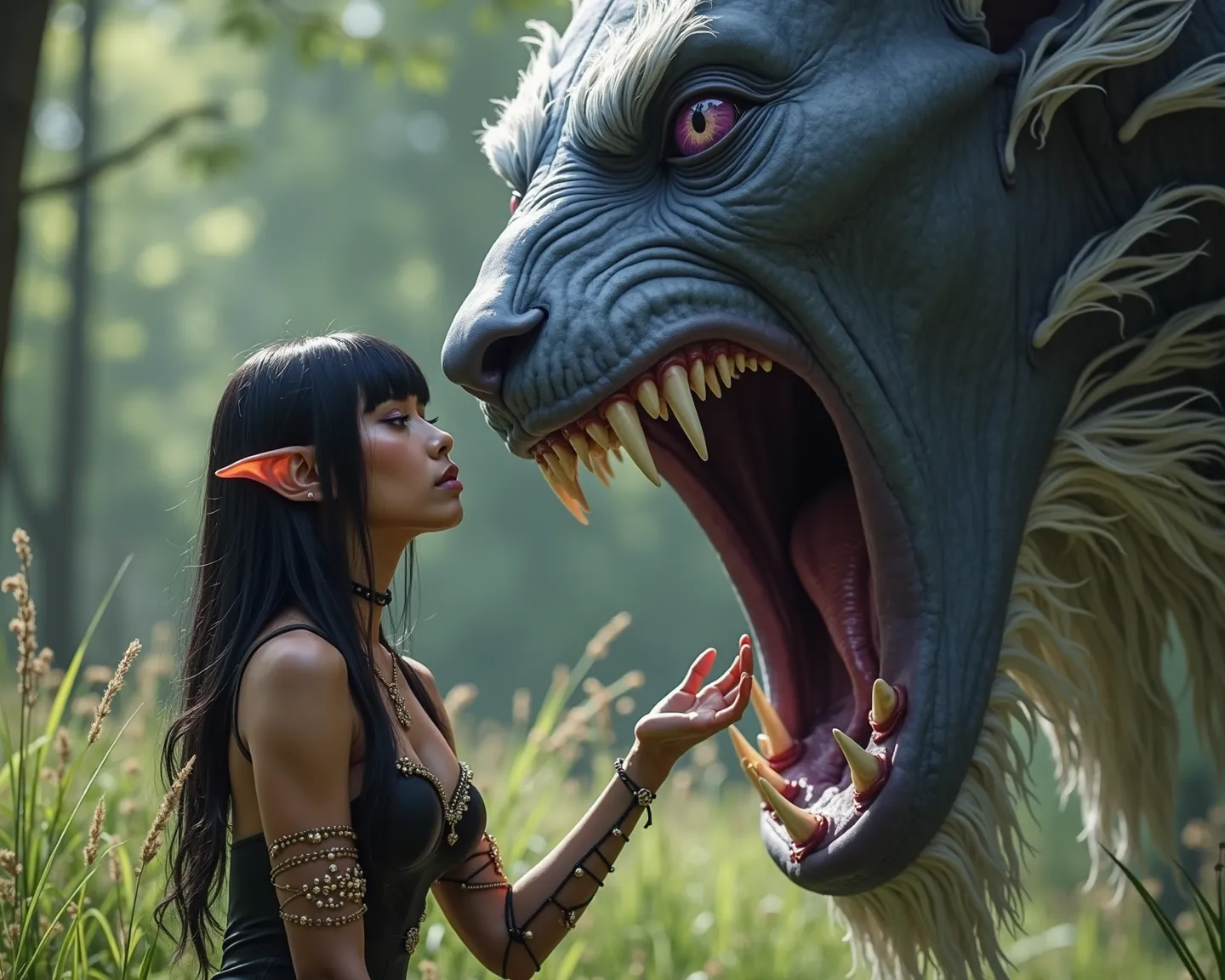 A cinematic high definition shot of 1 Elven woman, kneeling in short grass on the left of the frame. The woman has brown skin, straight black hair with blunt bangs, and purple eyes. The woman is wearing a sexy mage outfit with gold jewelry, and has a smug ...