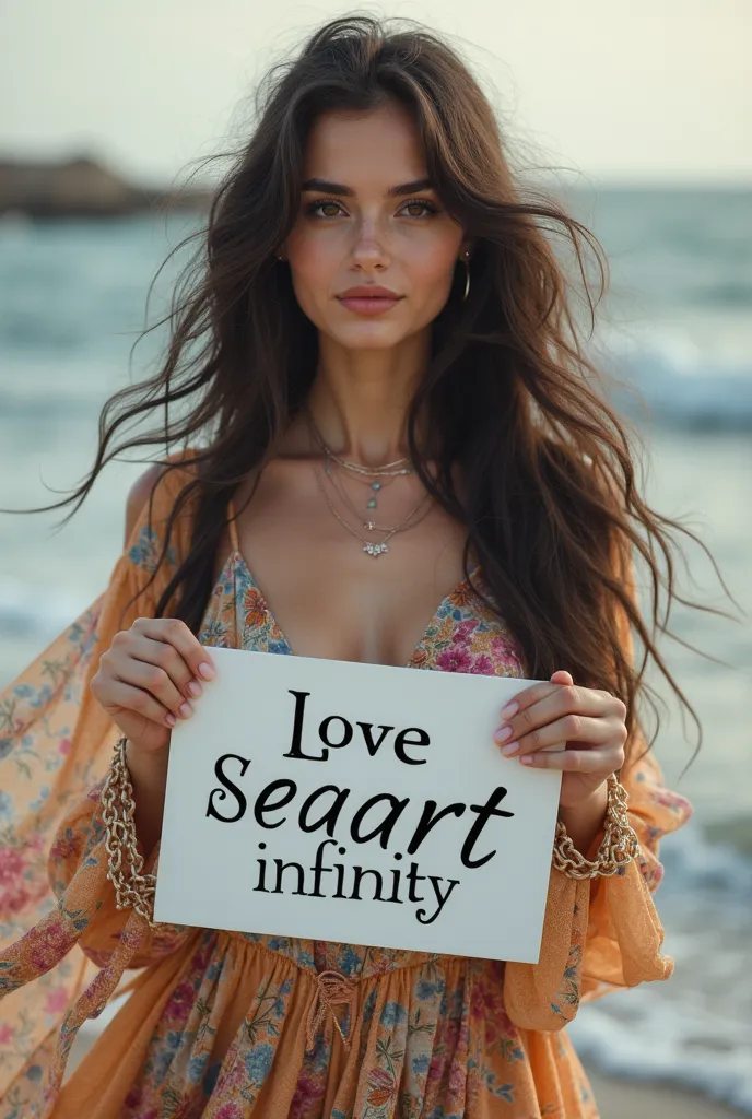 Beautiful girl with wavy long hair in a bohemian dress, Holding a white board marked "I Love Seaart Infinity" and showing it to the viewer