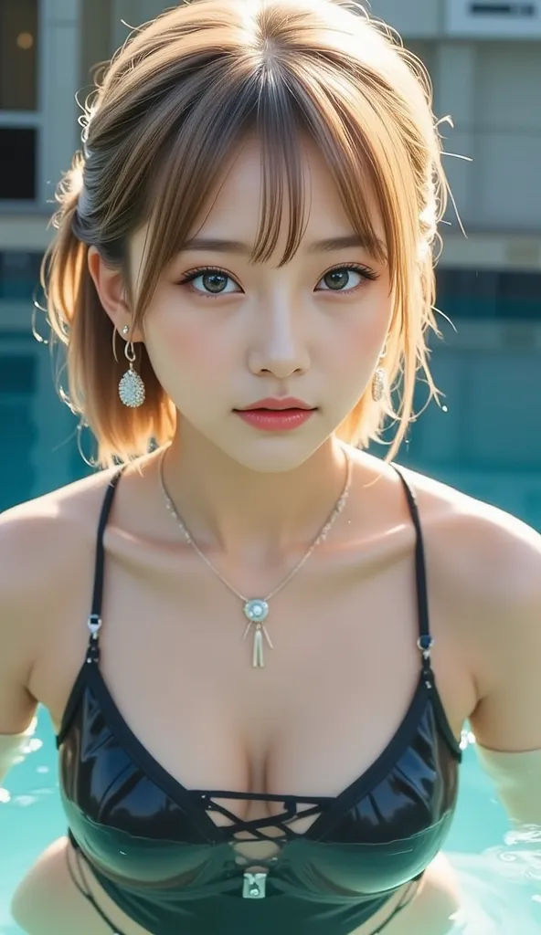 real image like the photo、８ｋ、Municipal pool、 cross lace clothes 、long legs、Thin ankles、 full body image、background、 Suspended Eyes、A woman with an innocent expression that leaves the vibe of a girl、 Gold、short hair、blue eyeshadow、Cheek、lipstick、mascara、eye...