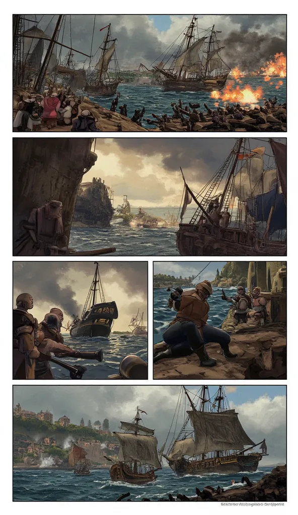 Storyboard, Comic panel layout with white border, Multi view, Immersive, Go Pro, Action Pose, Panels Battle scene. In 1451, the Ottoman Empire is besieging the city of Constantinople in the bay a naval battle is taking place Genoese galleons against Ottoma...