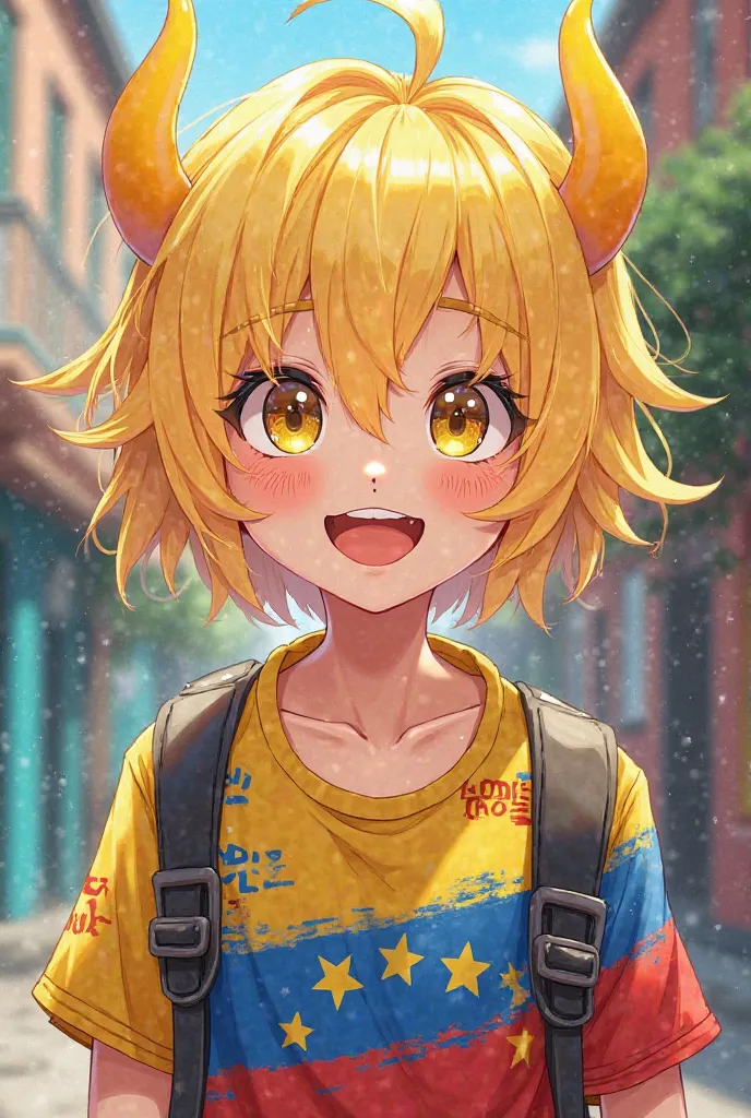 Light yellow hair Venezuela shirt Venezuelan short yellow horns anime