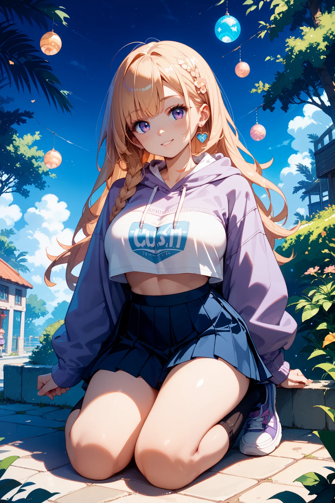  purple hoodie　black pleated skirt　 night view　HIGH SCHOOL GIRLS　　Big Breasts　Our Lady　Kind expression　Cute Poses　Furuyuwa hair　 Hair　full body　muffler