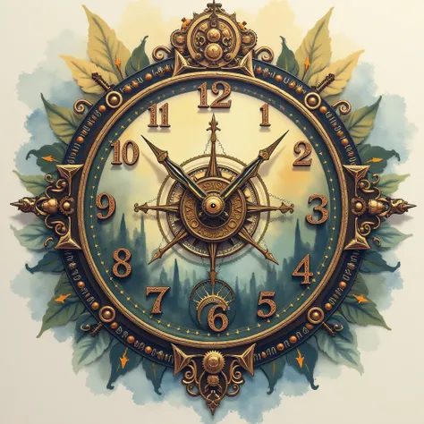 design of luxury wall clock (((tarot card)), steampunk style, water color, absolute circle, timeless.