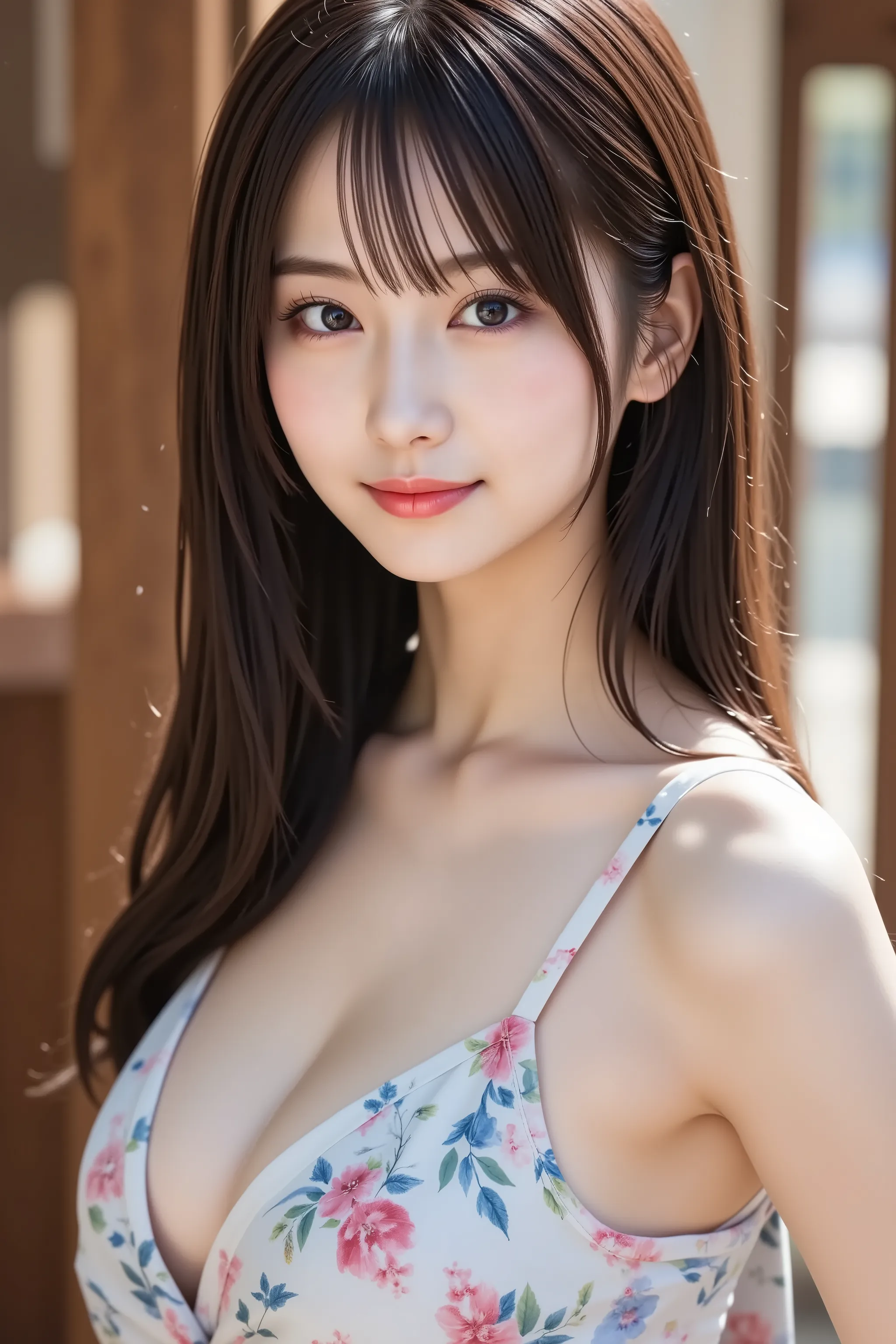 The face is positioned exactly in the center of the image , , the entire head is fully reflected , The entire face and head are clearly visible, bungs, smile, Young and cute Japanese faces , Hi-Res CG Unity 8K Wallpaper, very detailed, film grain ,  White ...