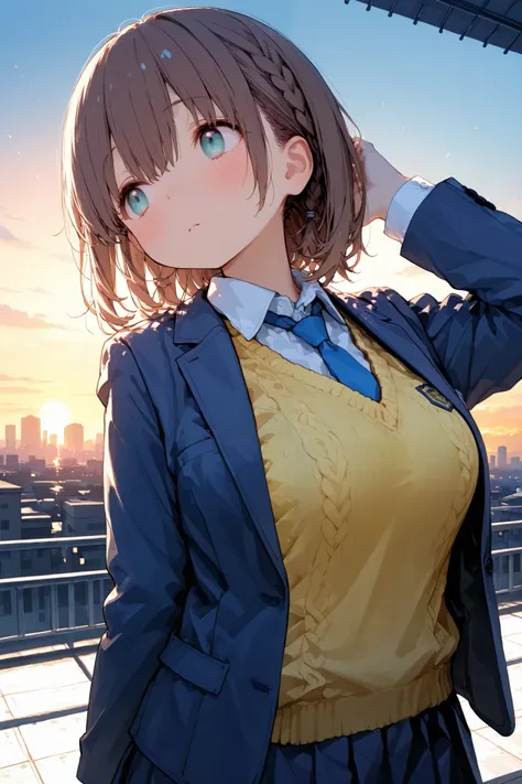 explicit,1girl\(ai-chan \(tawawa\)\),solo, brown hair, braid,cyan eyes,blue blazer, yellow sweater vest, blue necktie, blue skirt,(look at away), standing under a large umbrella light, backlight, evening sunset, rooftop scene, city skyline in the distance,...