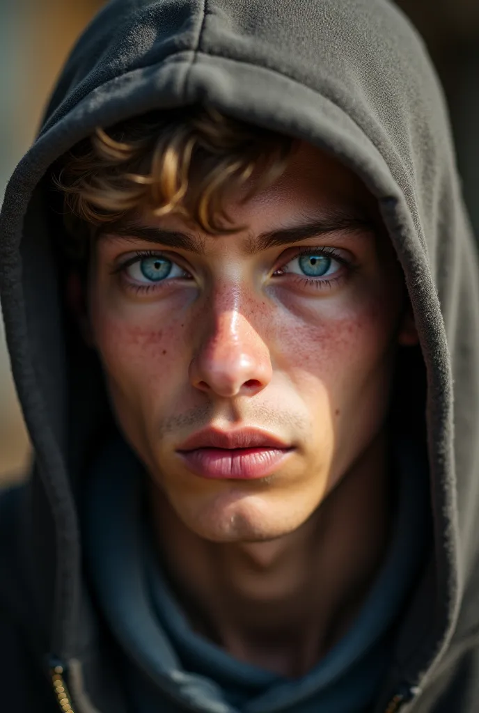  22-year-old male , blue eyes with a hooded hat,  Realistic portrait, facial detail, serious expression, warm, natural light, blurred background, high resolution, oil painting, paleta de colores warms, masterpiece lenses, 4k, photo-realistic