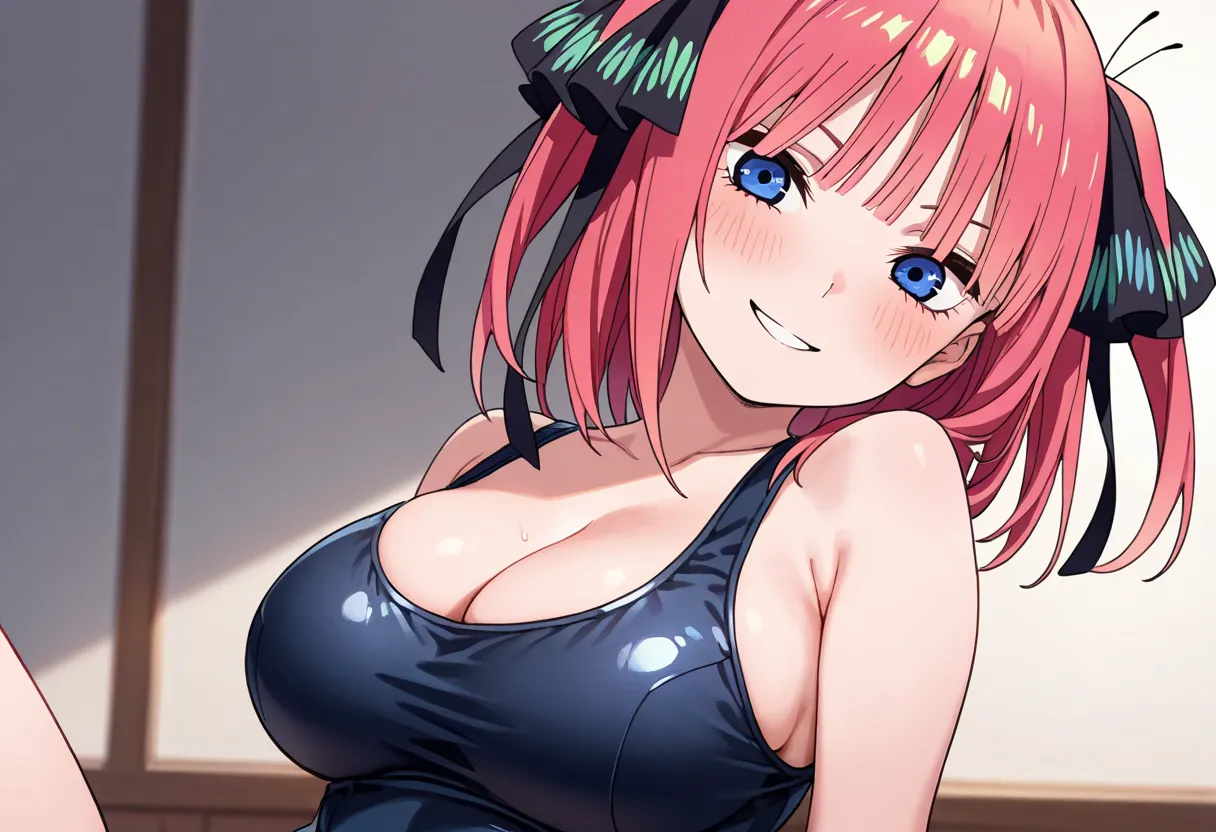 1girl, large breasts, smile, school swimsuit, Nakano Nino