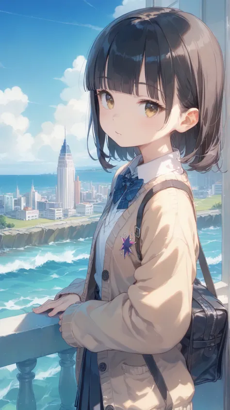 One Girl, solo, (Twilight Sky), Stand and wave, School Area, cityscape , scenery, School Cardigan , ( sleeves are longer than wrists), Strong Loafers, black hair, princess hair , short bangs, pailyellow eyes, my eyes are a little bit hot, blunt bangs,...