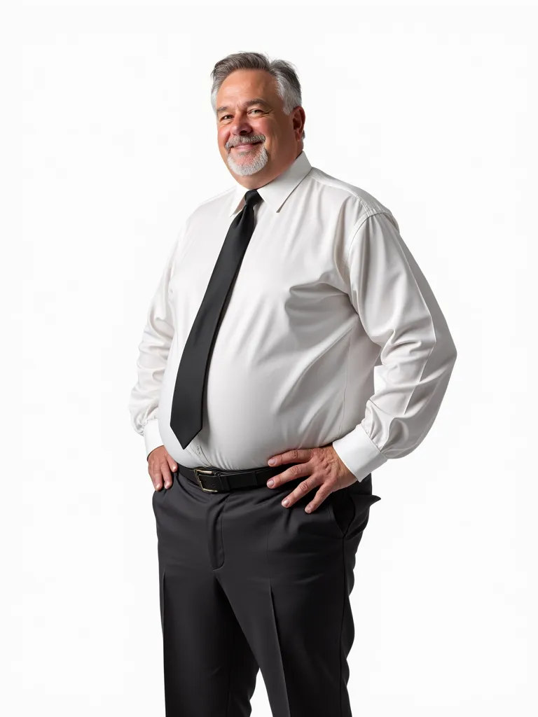 
45-year-old business male standing on his side，naturally show beer belly shape，straight white shirt with twill black tie，Double chin details show， pure white background