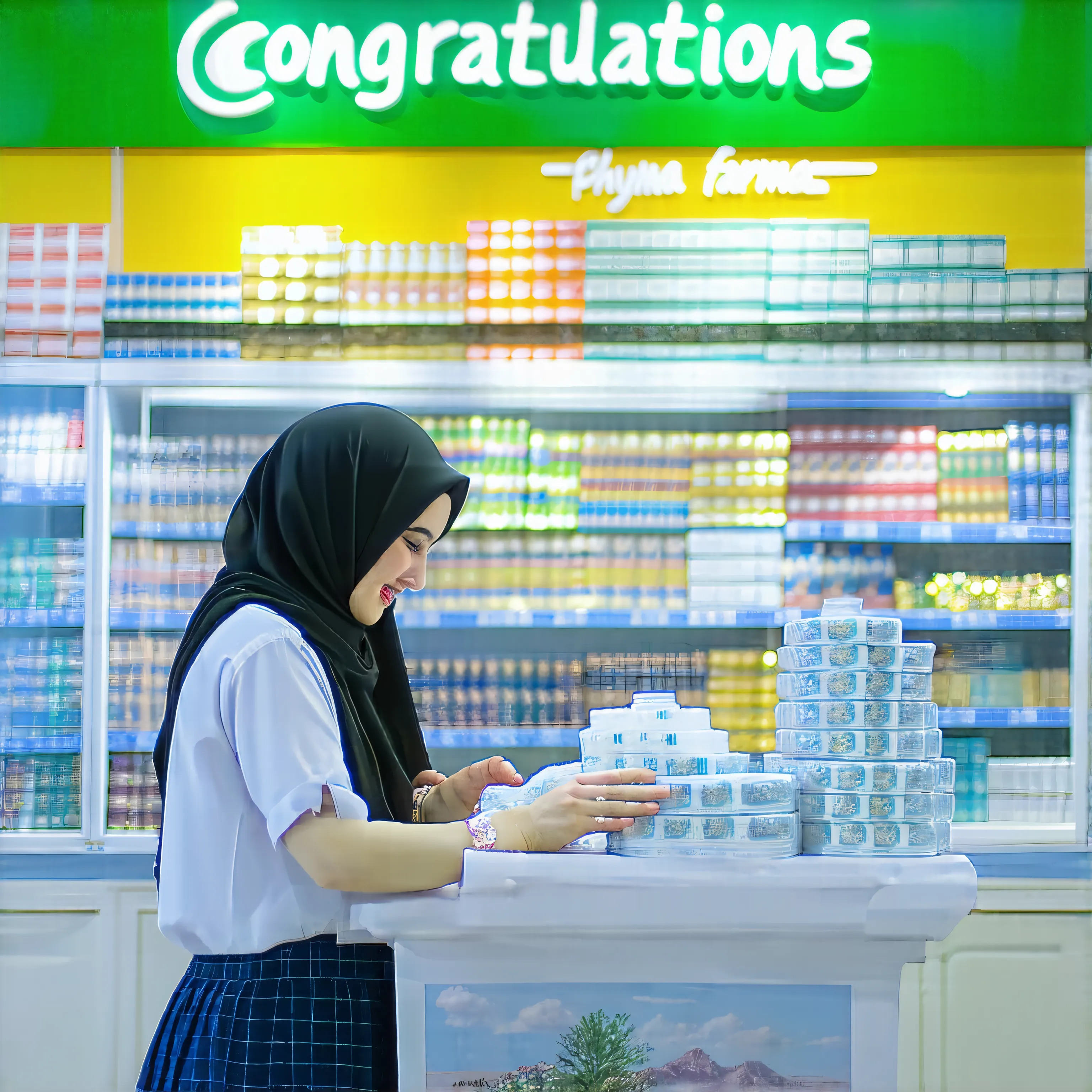 A congratulatory banner runs a fasting worship service during the holy month of Ramadan,, from the extended phyna farma family. Banner color pink