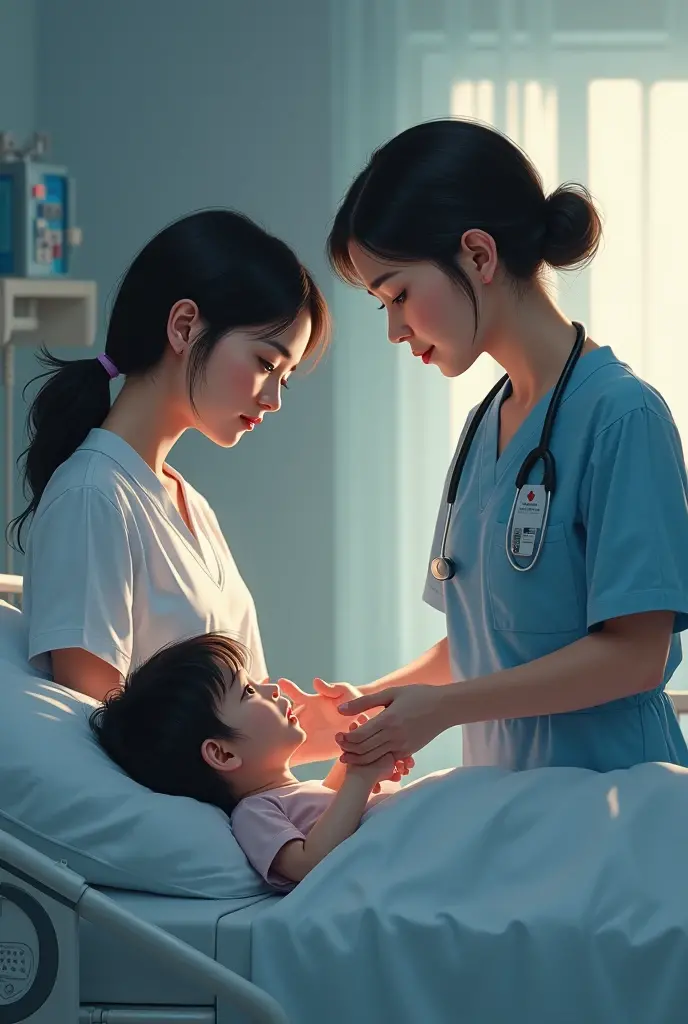 a nurse and her three ren an 18-year-old girl with dark brown hair. long. A young dark-haired boy a  dark-haired girl 