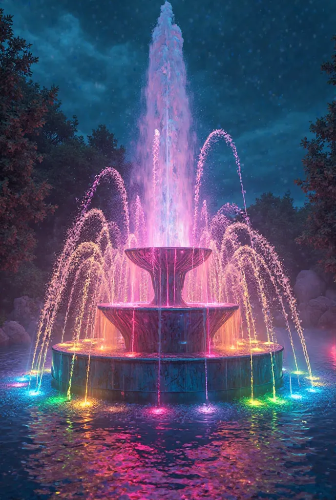 There is a rainbow-colored fountain on a fantastic night